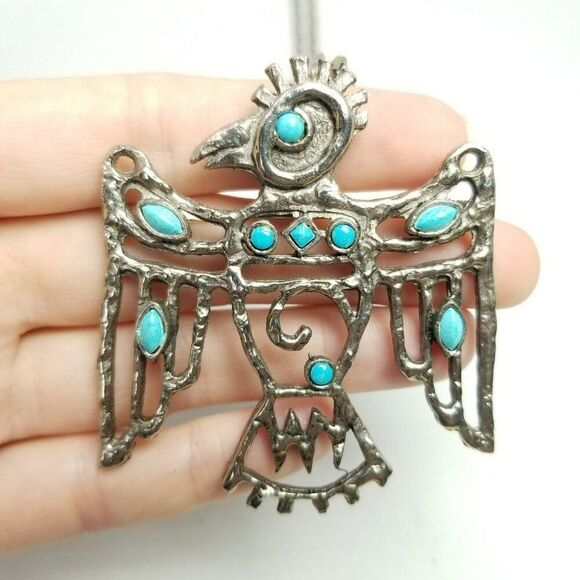 Vintage St Labre Thunderbird Southwestern Brooch Pendant Necklace Silver Tone - Picture 1 of 10